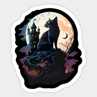 Black Cat On A Dark Castle With Big Moon Sticker